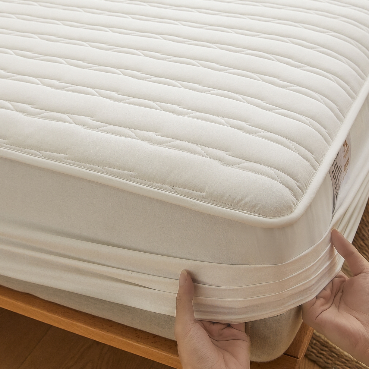 91家纺网 家纺一手货源 找家纺 雪云美2025新款全棉夹棉床笠斜纹A类纯棉床罩可定制尺寸 条纹 -白色