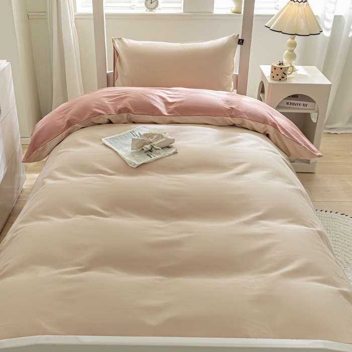 91家纺网 家纺一手货源 找家纺 涵宸家纺 2025新款全棉拼色纯色宿舍套件-米兰 米兰（杏色+豆其）