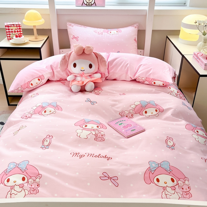 91家纺网 家纺一手货源 找家纺 暮思家居 2025新款三丽鸥授权全棉少女印花系列学生宿舍三件套四件套 蝴蝶结美乐蒂