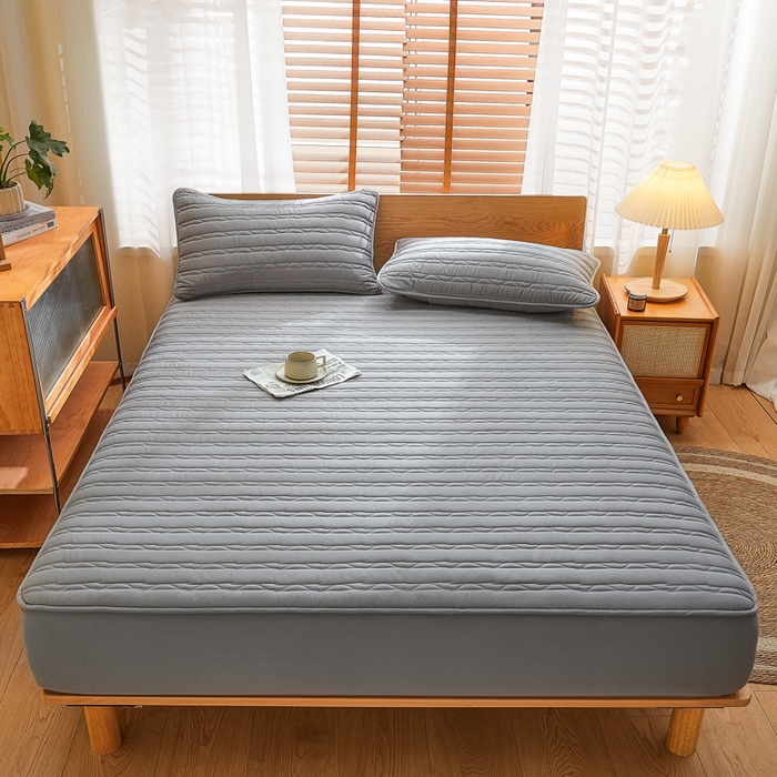 91家纺网 家纺一手货源 找家纺 雪云美2025新款全棉夹棉床笠斜纹A类纯棉床罩可定制尺寸 条纹- 灰色