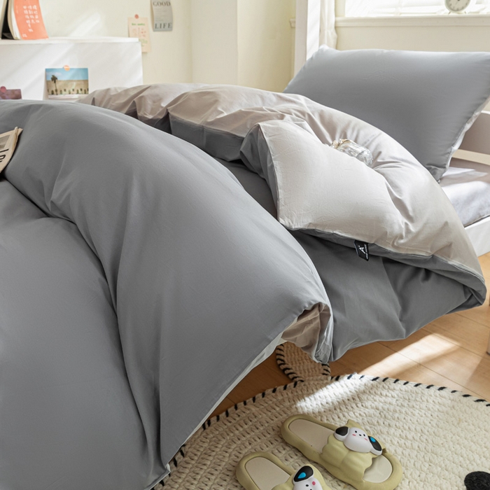 91家纺网 家纺一手货源 找家纺 涵宸家纺 2025新款全棉拼色纯色宿舍套件-米兰 米兰（银灰+梧桐灰）