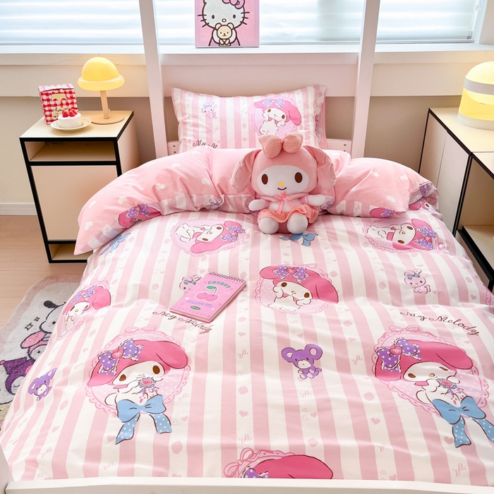 91家纺网 家纺一手货源 找家纺 暮思家居 2025新款三丽鸥授权全棉少女印花系列学生宿舍三件套四件套 甜心美乐蒂