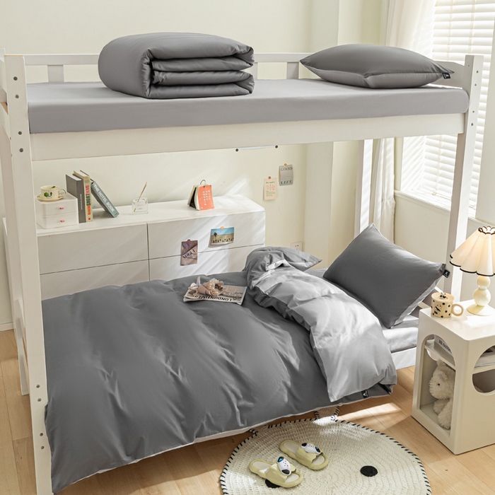 91家纺网 家纺一手货源 找家纺 涵宸家纺 2025新款全棉拼色纯色宿舍套件-米兰 米兰（石灰+梧桐灰）