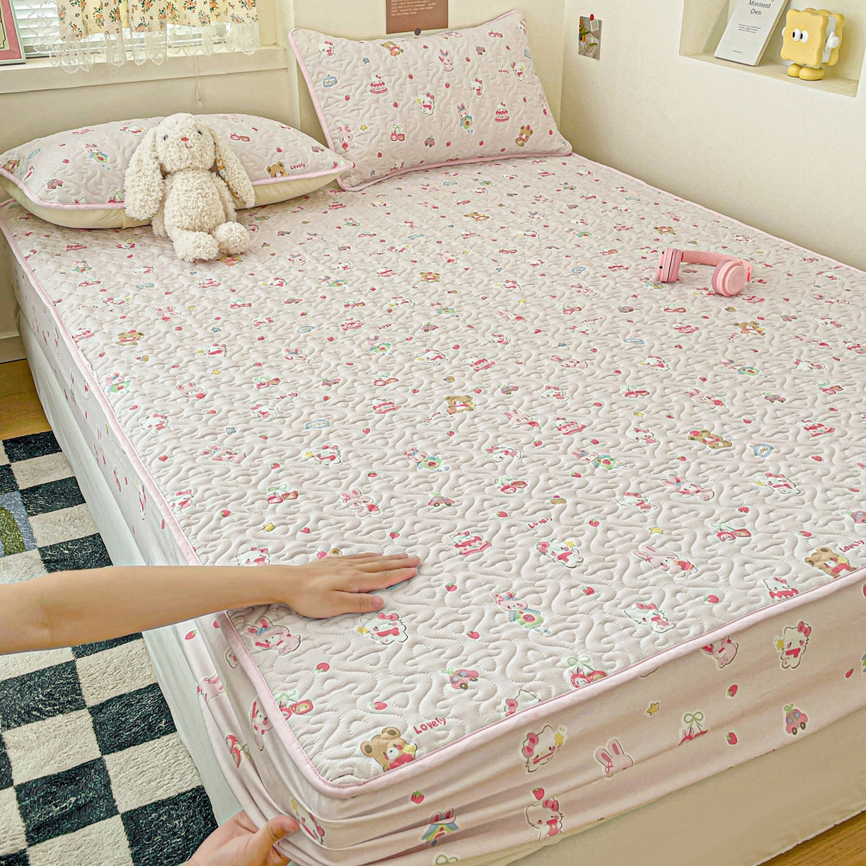 91家纺网 家纺一手货源 找家纺 悦织湾家纺 2025新款小清新印花四季通用床笠非全棉学生宿舍床笠二三件套 软糖猫