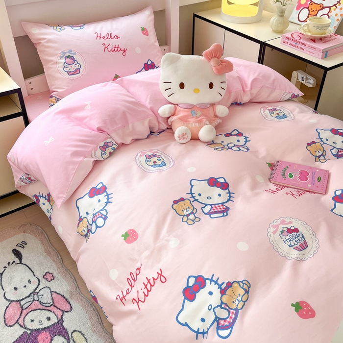 91家纺网 家纺一手货源 找家纺 暮思家居 2025新款三丽鸥授权全棉少女印花系列学生宿舍三件套四件套 kt和熊