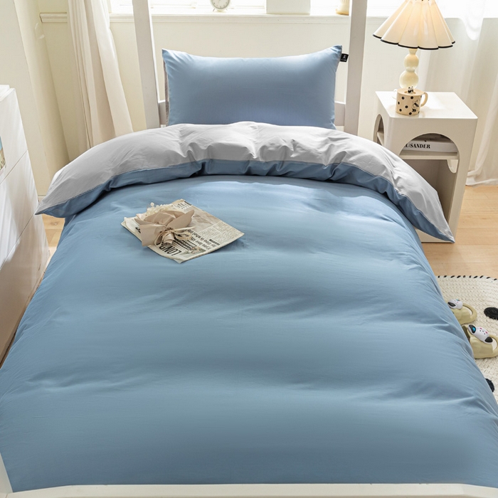 91家纺网 家纺一手货源 找家纺 涵宸家纺 2025新款全棉拼色纯色宿舍套件-米兰 米兰（湖兰+梧桐灰）