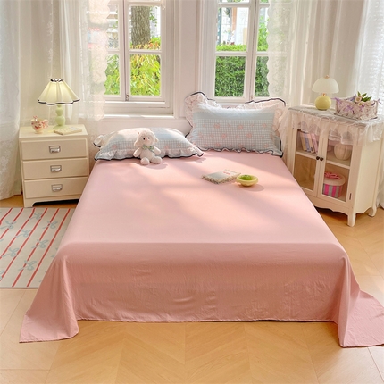 圣比熊 2025新款皱皱双层纱印花床单 浮生若梦-粉（纯色床单）