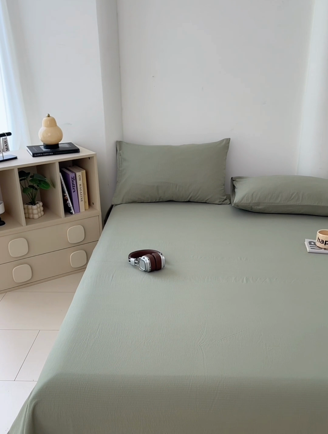 91家纺网 家纺一手货源 找家纺 卡迪熊家纺2025新款木m双层纱床单 抹茶绿