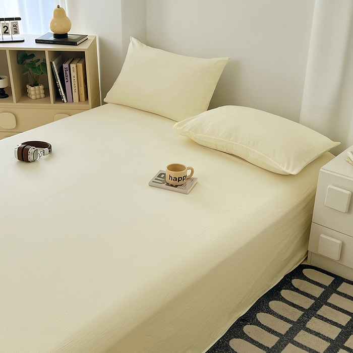 91家纺网 家纺一手货源 找家纺 卡迪熊家纺2025新款木m双层纱床单 月牙黄