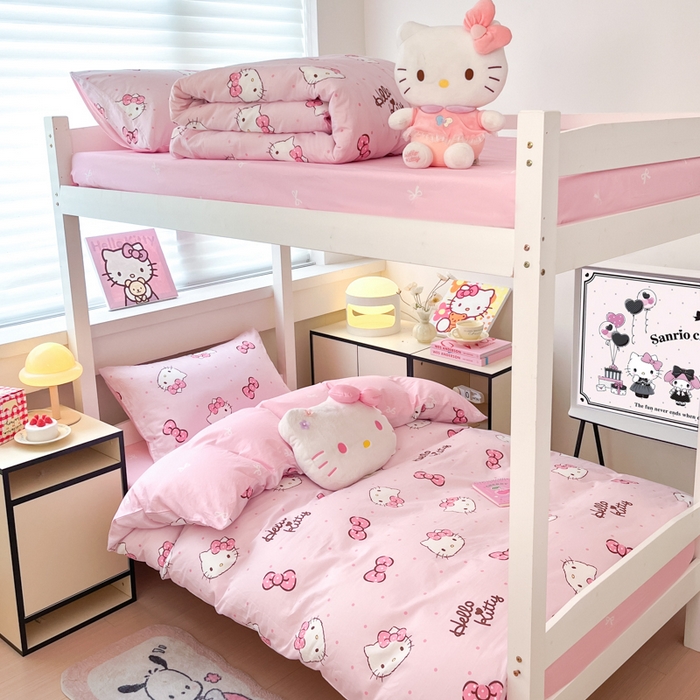 91家纺网 家纺一手货源 找家纺 暮思家居 2025新款三丽鸥授权全棉少女印花系列学生宿舍三件套四件套 可爱凯蒂