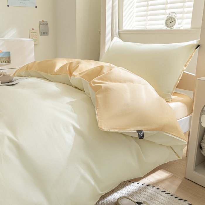 91家纺网 家纺一手货源 找家纺 涵宸家纺 2025新款全棉拼色纯色宿舍套件-米兰 米兰（奶白+浅黄）