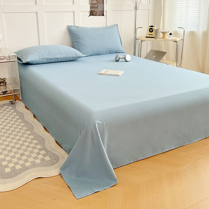 91家纺网 家纺一手货源 找家纺 卡迪熊家纺2025新款水洗m床单 奶油蓝