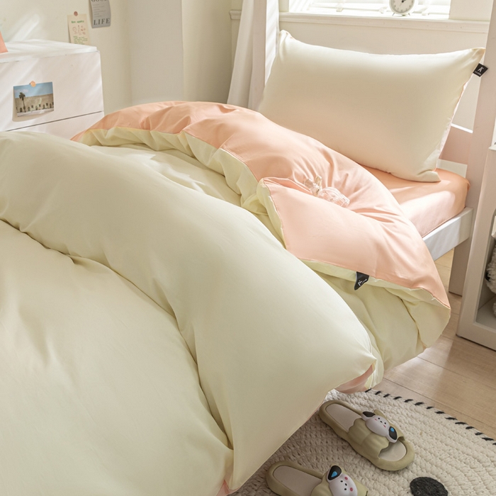 91家纺网 家纺一手货源 找家纺 涵宸家纺 2025新款全棉拼色纯色宿舍套件-米兰 米兰（奶白+烟粉）