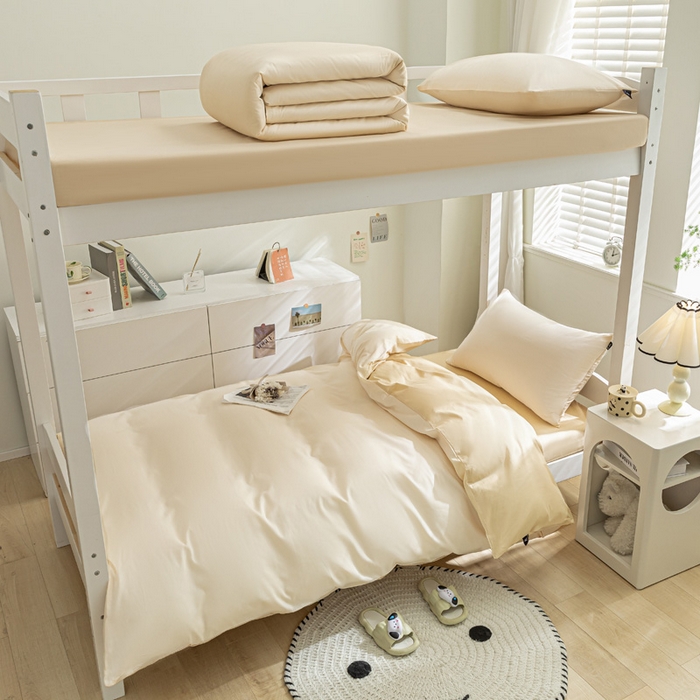 91家纺网 家纺一手货源 找家纺 涵宸家纺 2025新款全棉拼色纯色宿舍套件-米兰 米兰（香槟金+驼色）