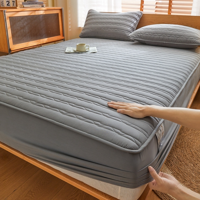 91家纺网 家纺一手货源 找家纺 雪云美2025新款全棉夹棉床笠斜纹A类纯棉床罩可定制尺寸 条纹- 灰色