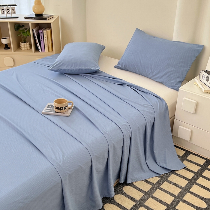 91家纺网 家纺一手货源 找家纺 卡迪熊家纺2025新款木m双层纱床单 海洋蓝