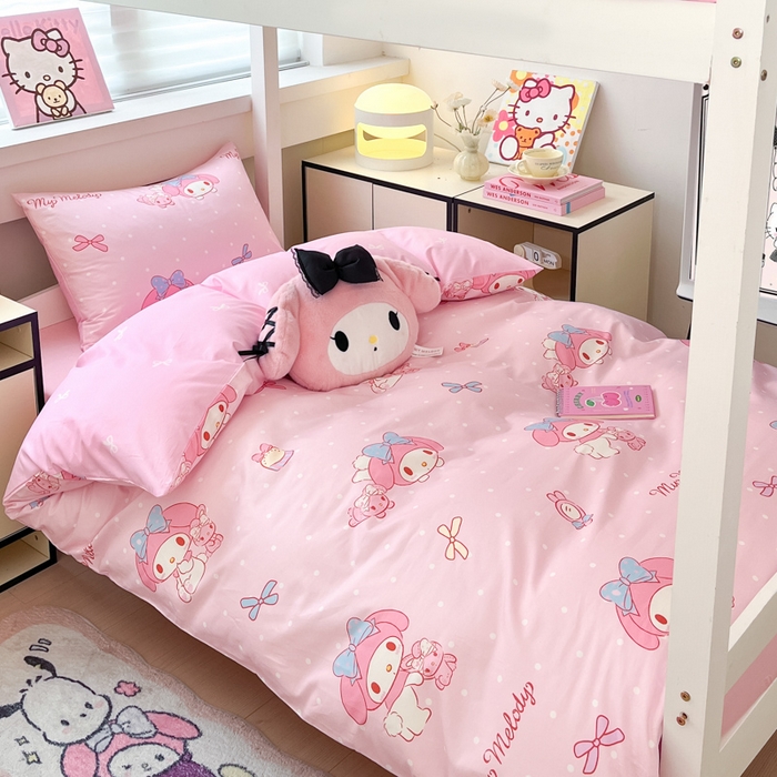 91家纺网 家纺一手货源 找家纺 暮思家居 2025新款三丽鸥授权全棉少女印花系列学生宿舍三件套四件套 蝴蝶结美乐蒂