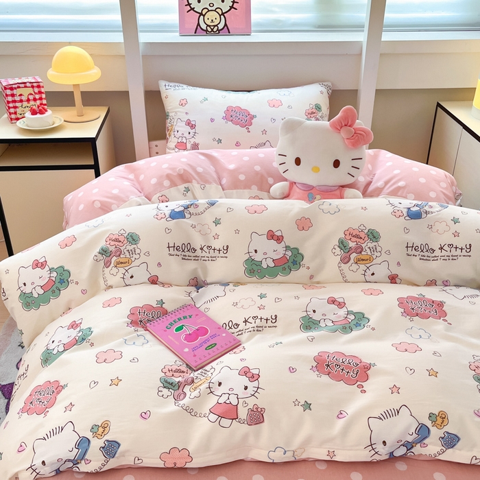 91家纺网 家纺一手货源 找家纺 暮思家居 2025新款三丽鸥授权全棉少女印花系列学生宿舍三件套四件套 甜心KT