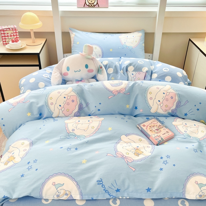 91家纺网 家纺一手货源 找家纺 暮思家居 2025新款三丽鸥授权全棉少女印花系列学生宿舍三件套四件套 蓝色玉桂狗