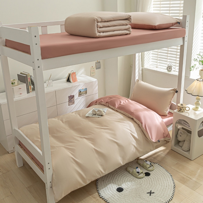 91家纺网 家纺一手货源 找家纺 涵宸家纺 2025新款全棉拼色纯色宿舍套件-米兰 米兰（杏色+豆其）