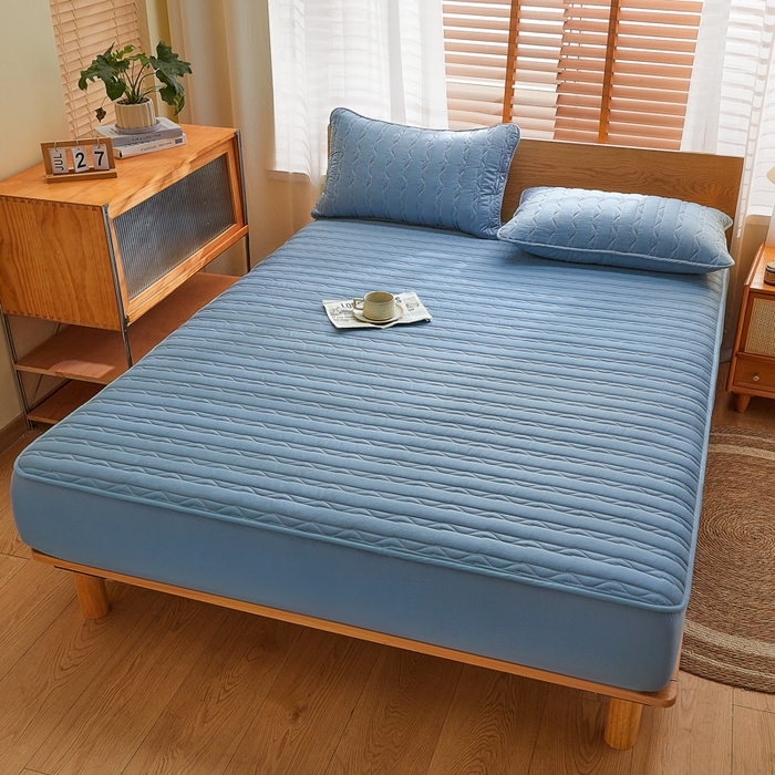 91家纺网 家纺一手货源 找家纺 雪云美2025新款全棉夹棉床笠斜纹A类纯棉床罩可定制尺寸 条纹 -蓝色