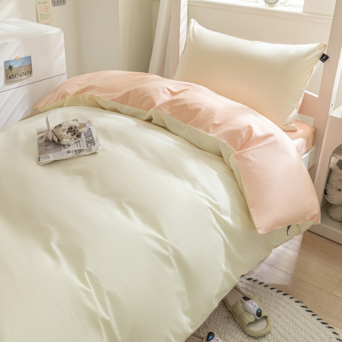 91家纺网 家纺一手货源 找家纺 涵宸家纺 2025新款全棉拼色纯色宿舍套件-米兰 米兰（奶白+烟粉）