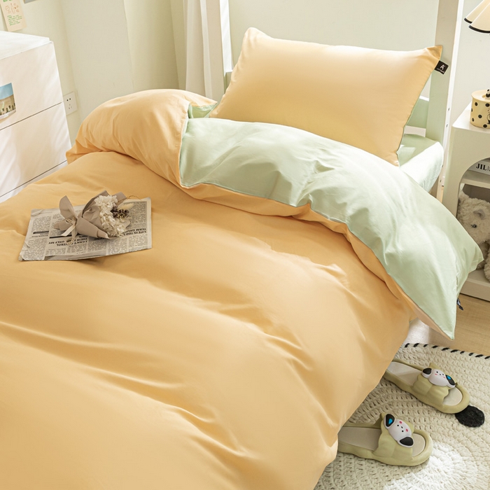 91家纺网 家纺一手货源 找家纺 涵宸家纺 2025新款全棉拼色纯色宿舍套件-米兰 米兰（浅黄+月光绿）