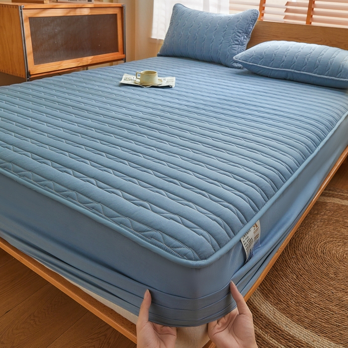 91家纺网 家纺一手货源 找家纺 雪云美2025新款全棉夹棉床笠斜纹A类纯棉床罩可定制尺寸 条纹 -蓝色