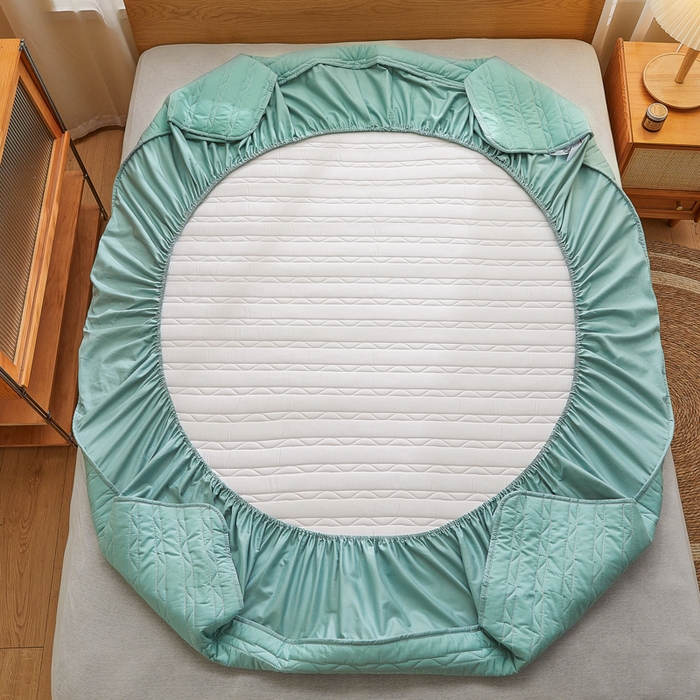 91家纺网 家纺一手货源 找家纺 雪云美2025新款全棉夹棉床笠斜纹A类纯棉床罩可定制尺寸 条纹- 绿色