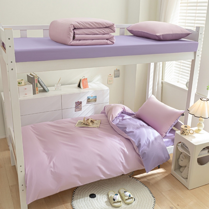 91家纺网 家纺一手货源 找家纺 涵宸家纺 2025新款全棉拼色纯色宿舍套件-米兰 米兰（优雅紫+青紫）