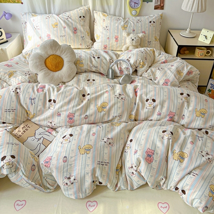 耀悦家纺 2025新款13070全棉印花四件套 蓝条萌宠趴