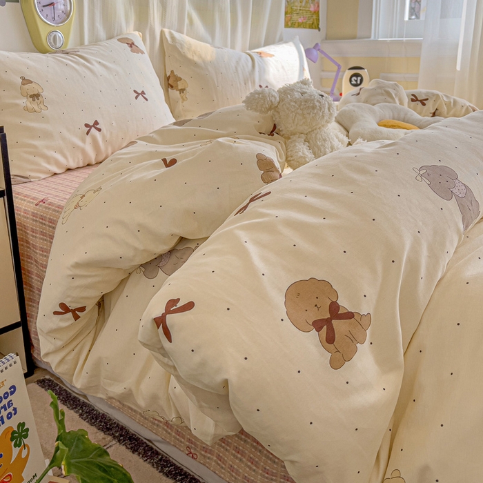 91家纺网 家纺一手货源 找家纺 耀悦家纺 2025新款13070全棉印花四件套 优雅蝴蝶结小狗