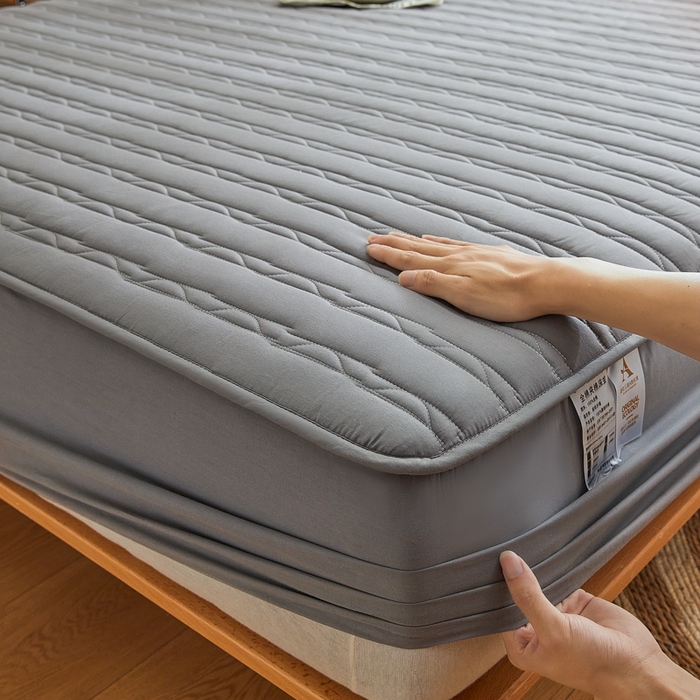 91家纺网 家纺一手货源 找家纺 雪云美2025新款全棉夹棉床笠斜纹A类纯棉床罩可定制尺寸 条纹- 灰色