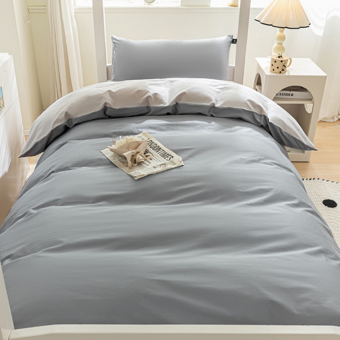 91家纺网 家纺一手货源 找家纺 涵宸家纺 2025新款全棉拼色纯色宿舍套件-米兰 米兰（银灰+梧桐灰）