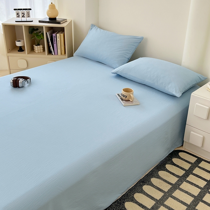 91家纺网 家纺一手货源 找家纺 卡迪熊家纺2025新款木m双层纱床单 海盐蓝