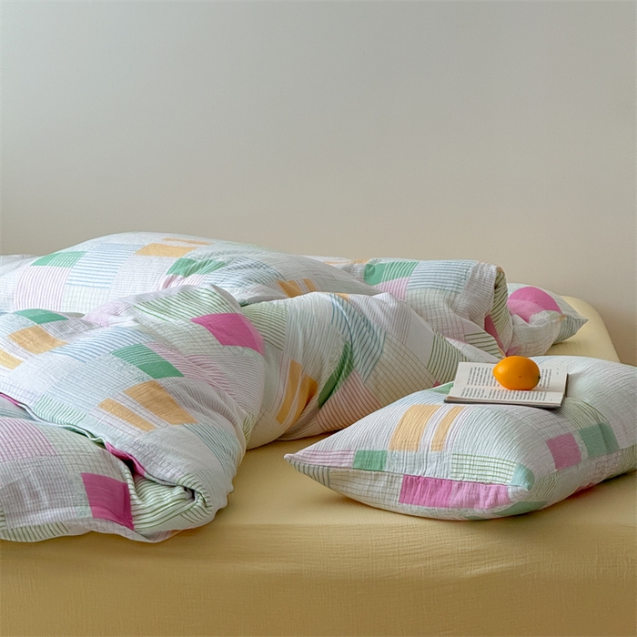 91家纺网 家纺一手货源 找家纺 山舍家居 2025新款母婴级全棉双层皱皱纱四件套 玫莓芭乐-黄