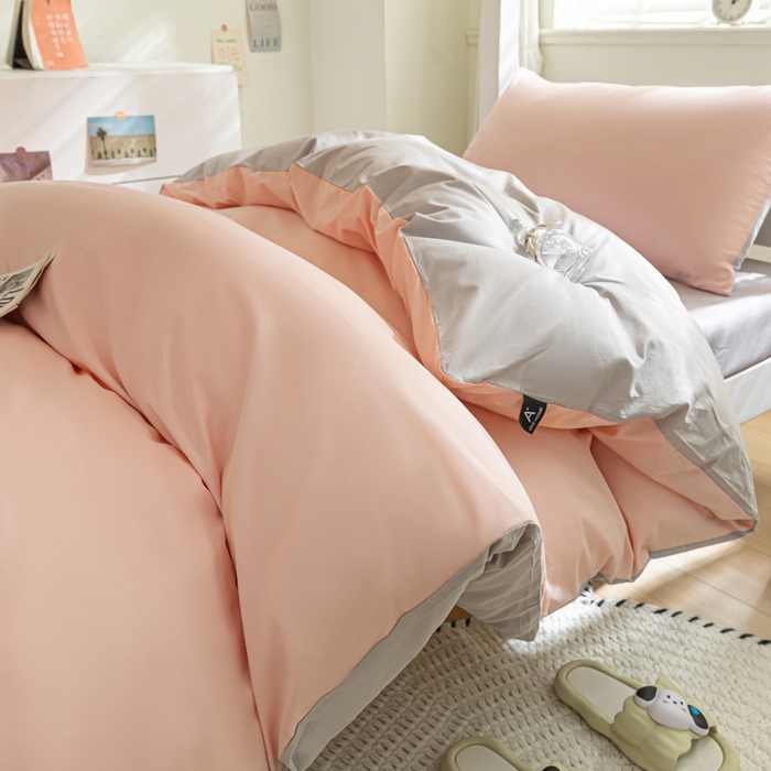 91家纺网 家纺一手货源 找家纺 涵宸家纺 2025新款全棉拼色纯色宿舍套件-米兰 米兰（烟粉-梧桐灰）