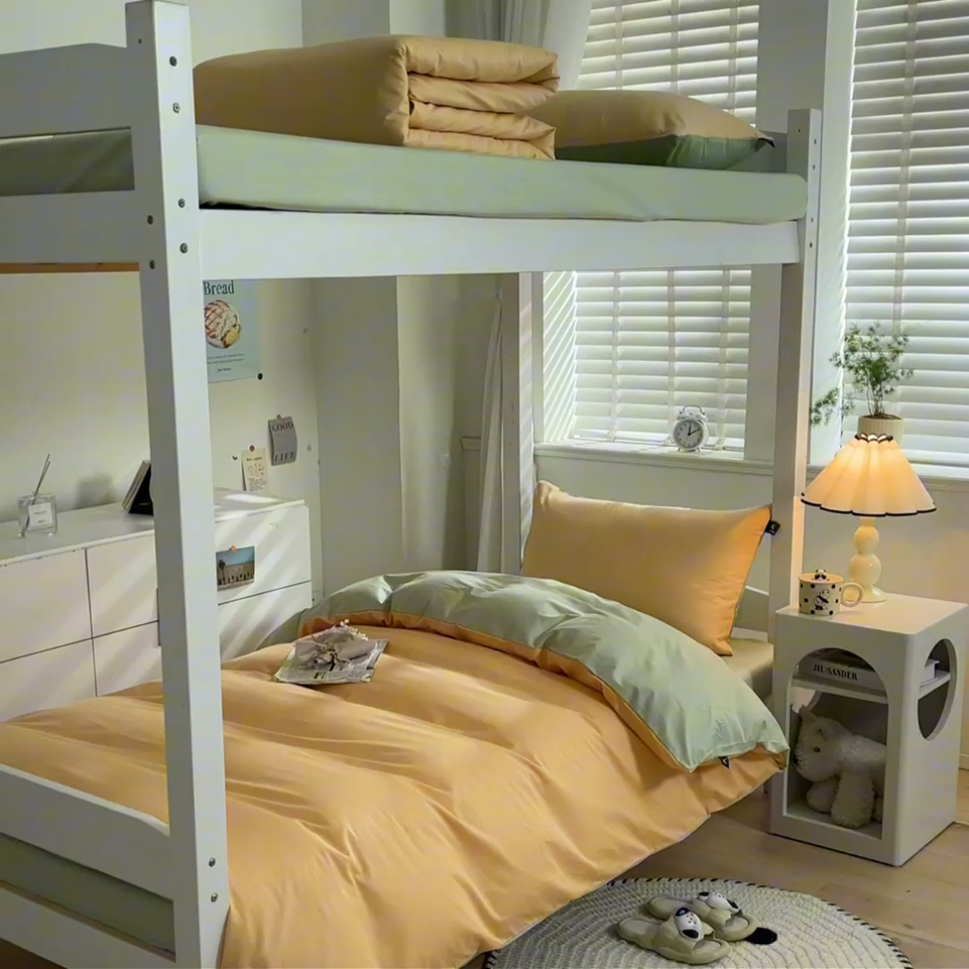 91家纺网 家纺一手货源 找家纺 涵宸家纺 2025新款全棉拼色纯色宿舍套件-米兰 米兰（浅黄+月光绿）