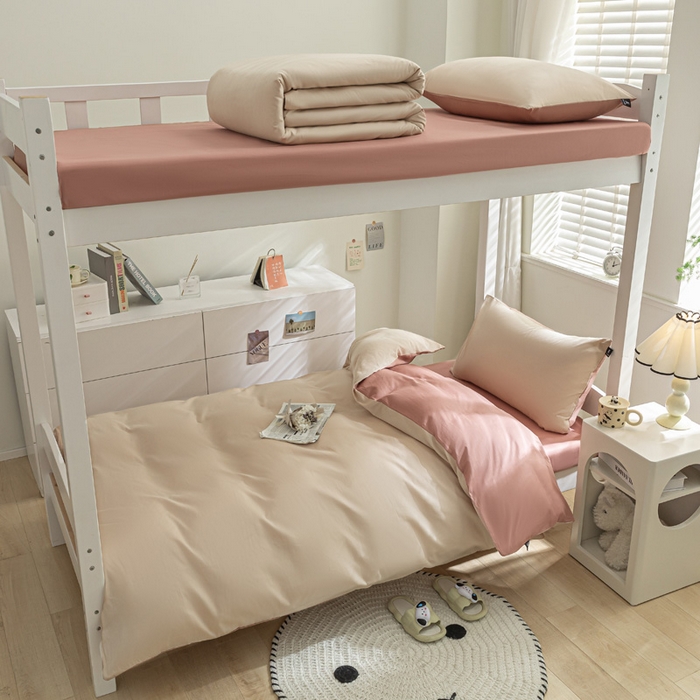 91家纺网 家纺一手货源 找家纺 涵宸家纺 2025新款全棉拼色纯色宿舍套件-米兰 米兰（杏色+豆其）