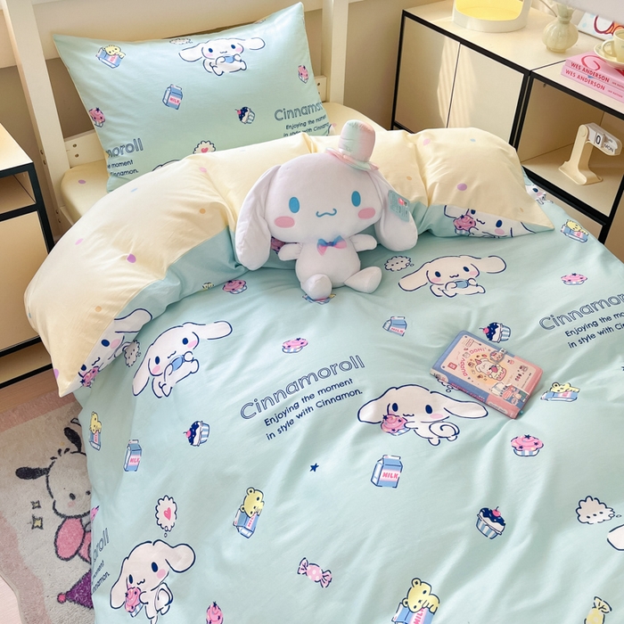 91家纺网 家纺一手货源 找家纺 暮思家居 2025新款三丽鸥授权全棉少女印花系列学生宿舍三件套四件套 奶牛大耳狗