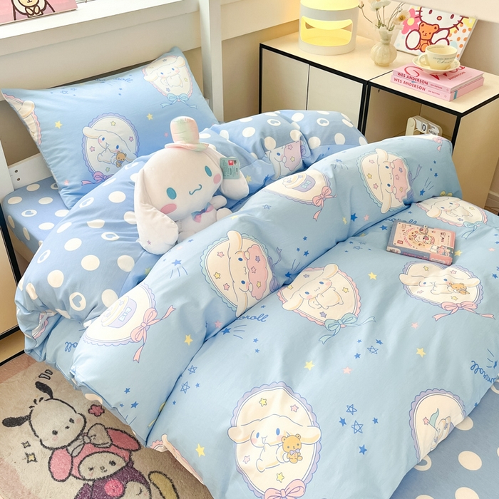 91家纺网 家纺一手货源 找家纺 暮思家居 2025新款三丽鸥授权全棉少女印花系列学生宿舍三件套四件套 蓝色玉桂狗