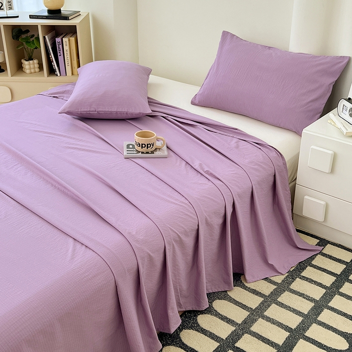 91家纺网 家纺一手货源 找家纺 卡迪熊家纺2025新款木m双层纱床单 香芋紫