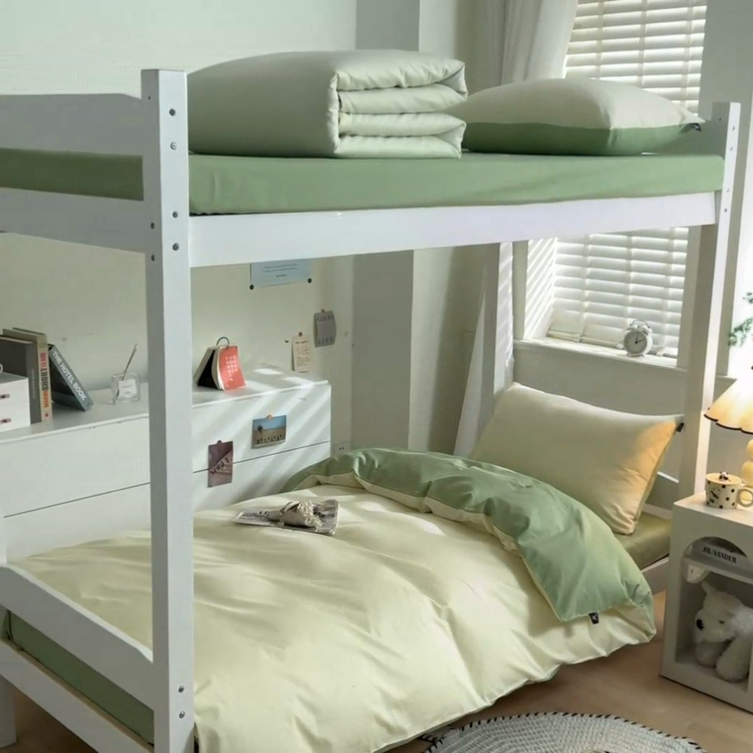 91家纺网 家纺一手货源 找家纺 涵宸家纺 2025新款全棉拼色纯色宿舍套件-米兰 米兰（奶白+月光绿）