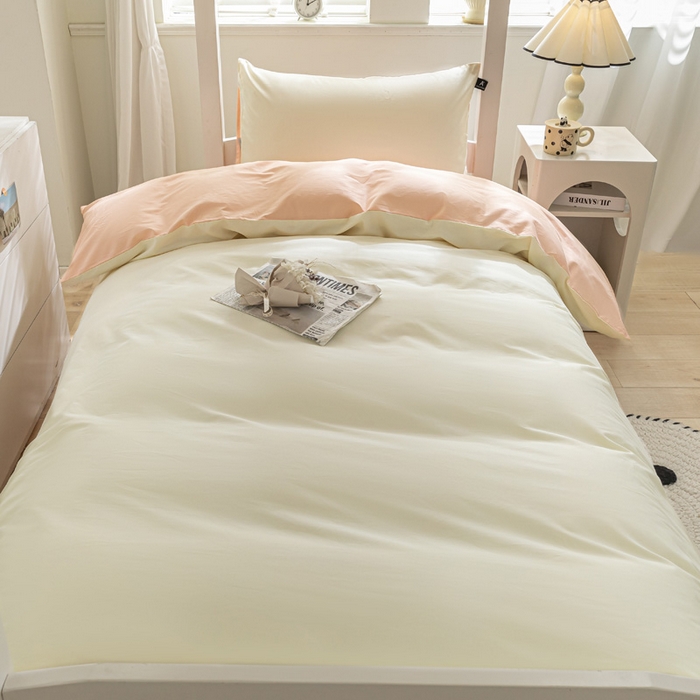 91家纺网 家纺一手货源 找家纺 涵宸家纺 2025新款全棉拼色纯色宿舍套件-米兰 米兰（奶白+烟粉）