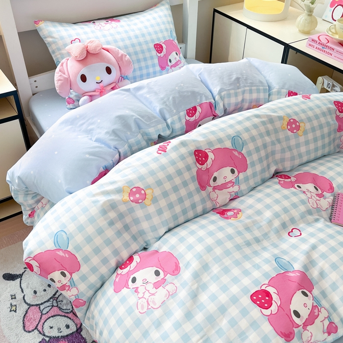 91家纺网 家纺一手货源 找家纺 暮思家居 2025新款三丽鸥授权全棉少女印花系列学生宿舍三件套四件套 蓝格美乐蒂