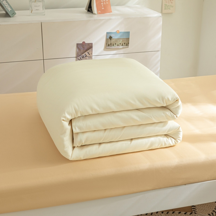 91家纺网 家纺一手货源 找家纺 涵宸家纺 2025新款全棉拼色纯色宿舍套件-米兰 米兰（奶白+浅黄）