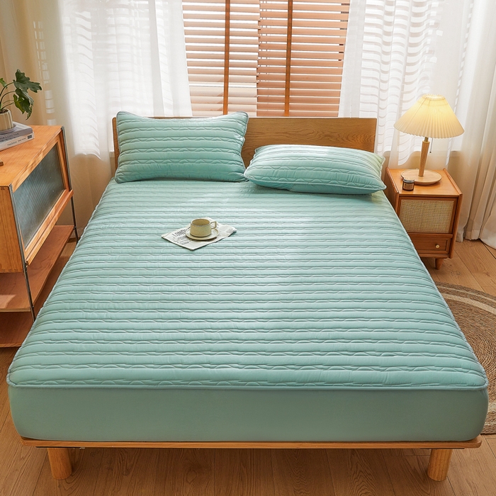 91家纺网 家纺一手货源 找家纺 雪云美2025新款全棉夹棉床笠斜纹A类纯棉床罩可定制尺寸 条纹- 绿色