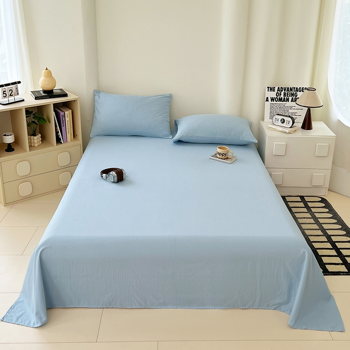 91家纺网 家纺一手货源 找家纺 卡迪熊家纺2025新款木m双层纱床单 海盐蓝