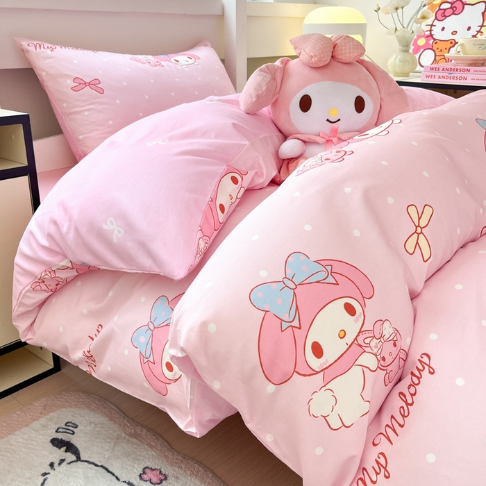 91家纺网 家纺一手货源 找家纺 暮思家居 2025新款三丽鸥授权全棉少女印花系列学生宿舍三件套四件套 蝴蝶结美乐蒂