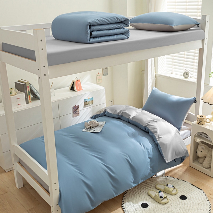 91家纺网 家纺一手货源 找家纺 涵宸家纺 2025新款全棉拼色纯色宿舍套件-米兰 米兰（湖兰+梧桐灰）